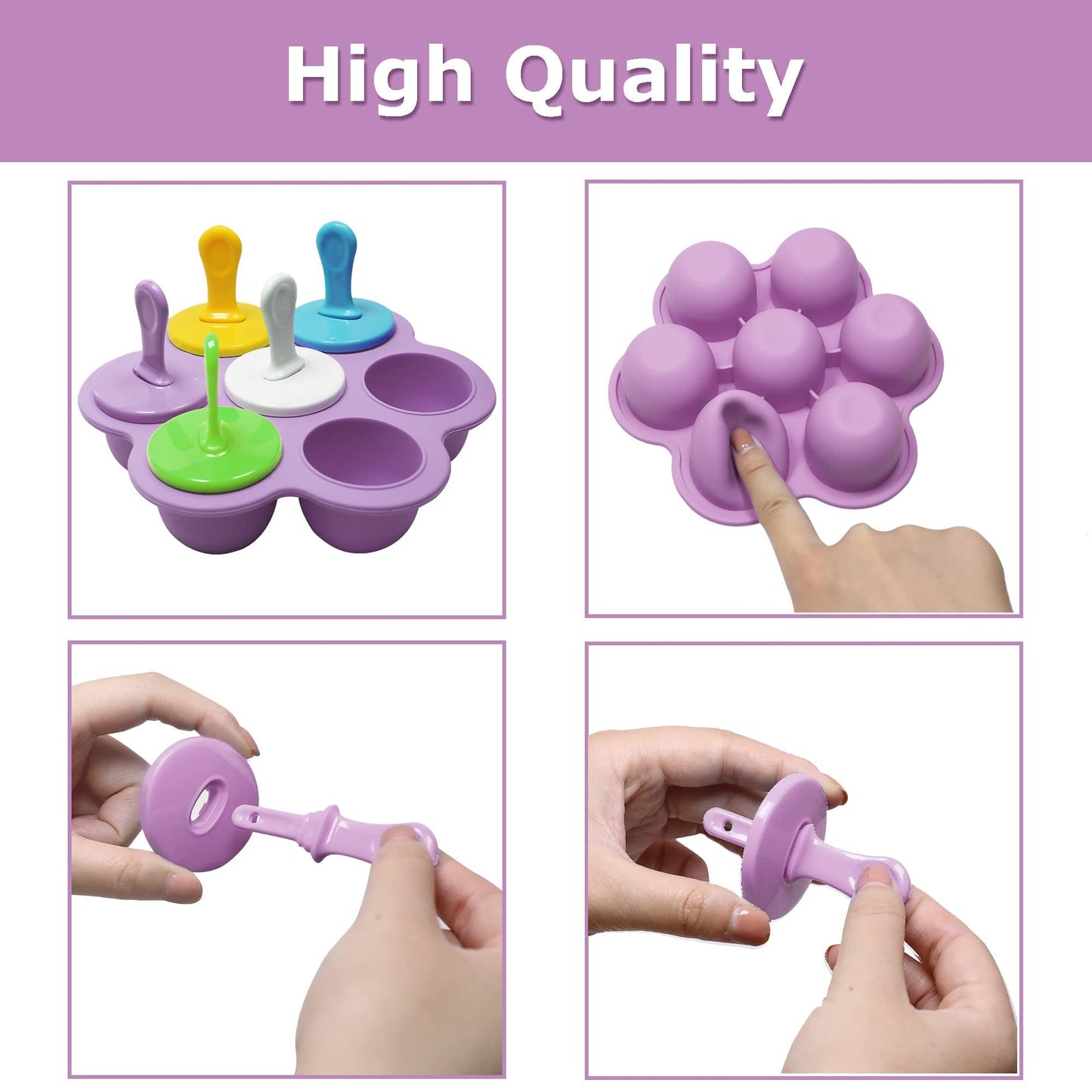 Silicone Popsicle Molds 7-cavity DIY Ice Pop Mold with Colorful Sticks For egg biting ice cream molds baby food storage (Purple)