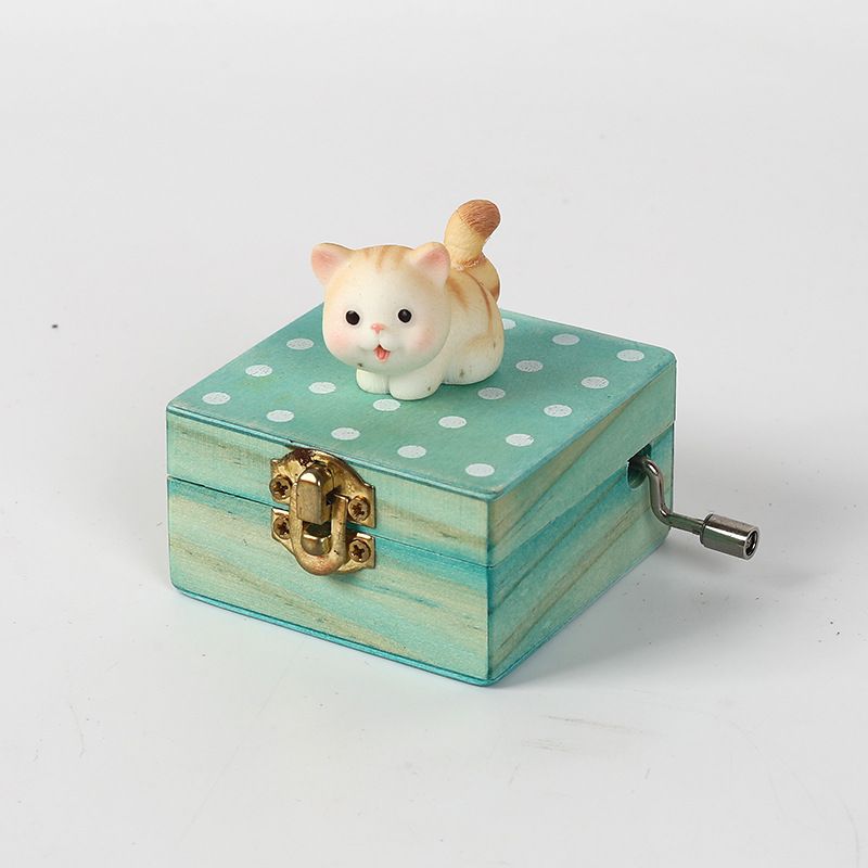 Gift Wrapped Mini Wooden Hand Crank Music Box with Lovely Cat (Tune: Castle in The Sky) (Brownish Yellow)