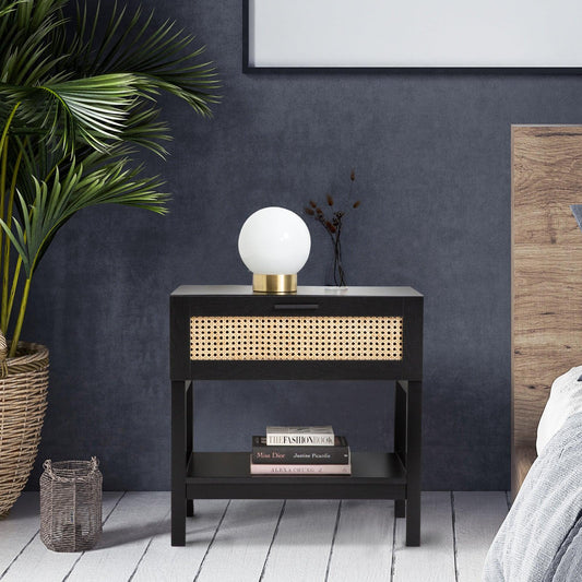 Casa Decor Tulum Rattan Bedside Table Drawers Table Nightstand Cabinet Black - Mekamart Australia