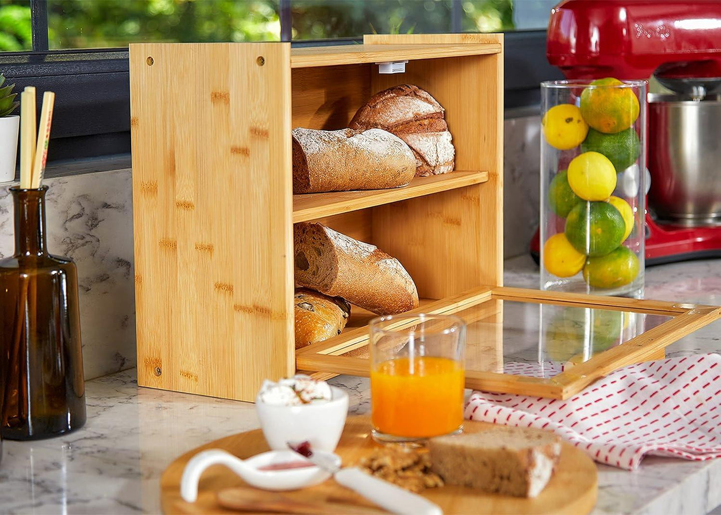 Double Layer Bamboo Bread Box for Kitchen Counter with Large Capacity and Transparent Window - Mekamart Australia