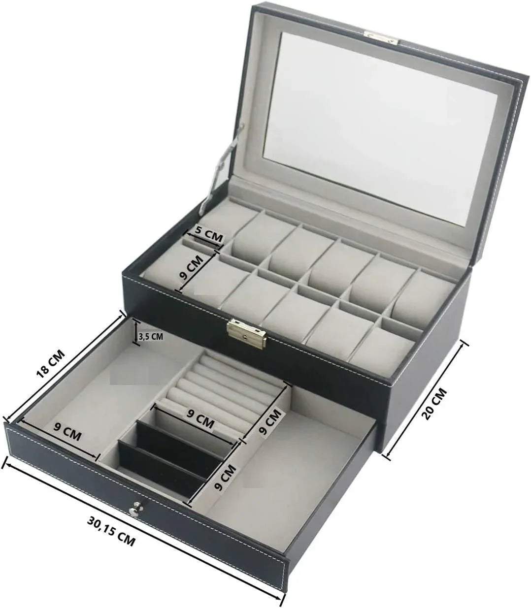 12 Slot PU Leather Lockable Watch and Jewelry Storage Boxes (Black) - Mekamart Australia