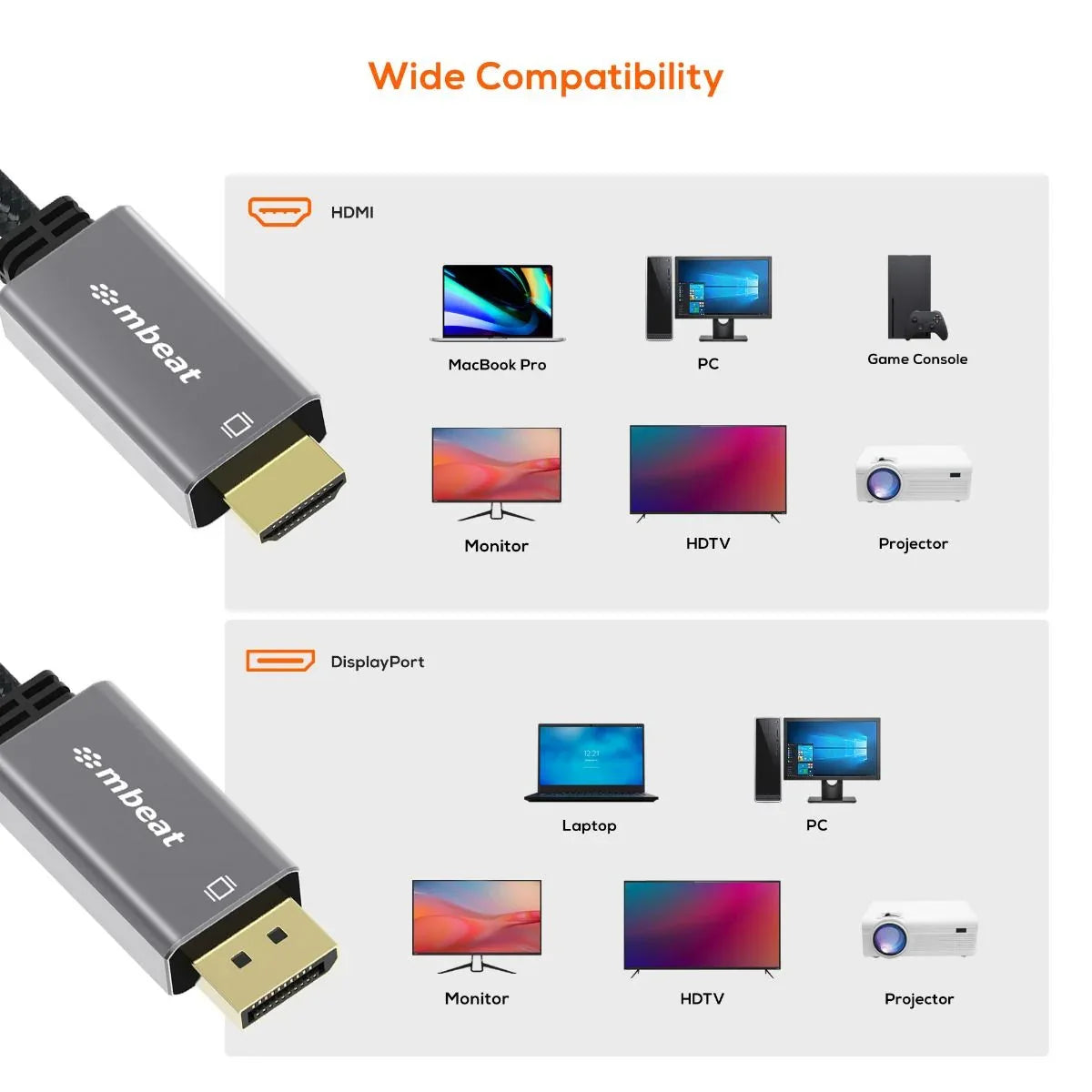 mbeat Tough Link 1.8m 4K/60Hz Display Port to HDMI Cable - Space Grey - Mekamart Australia
