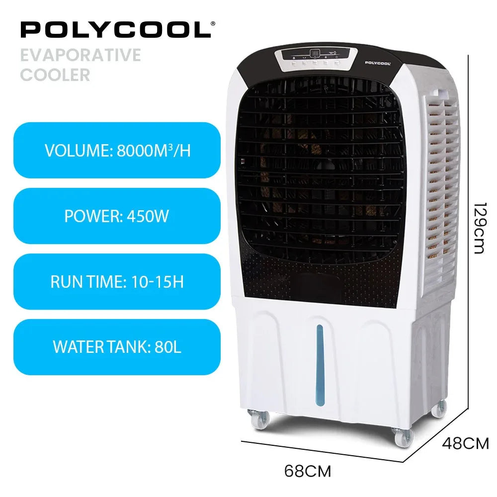 POLYCOOL 450W 80L Evaporative Air Cooler, Commercial Grade, Remote Control, Fan - Mekamart Australia