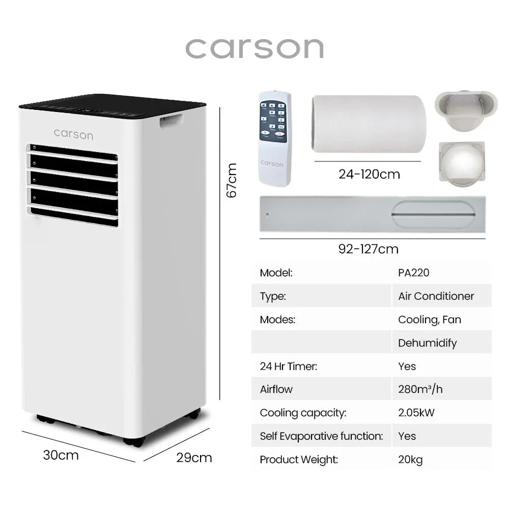 CARSON 2.05kW Portable Air Conditioner, with Fan & Dehumidifier Mode, Remote Control, 24hr Timer, Sleep Mode - Mekamart Australia