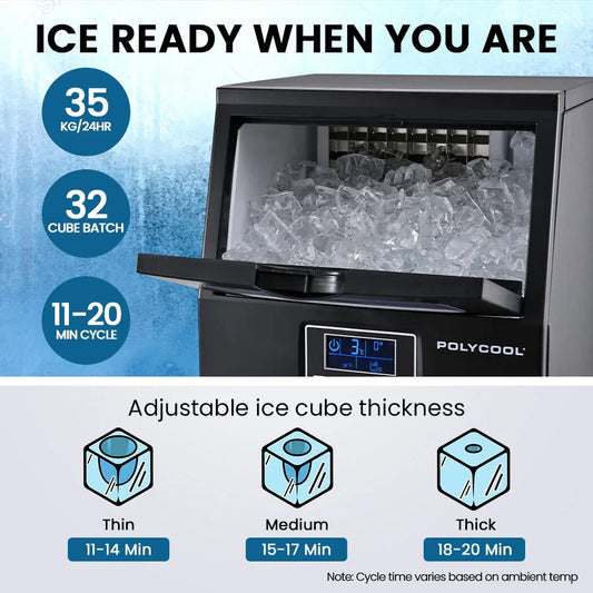 POLYCOOL Commercial Ice Maker Machine, up to 35kg/24hr, Timer & Self Cleaning Programs - Mekamart Australia