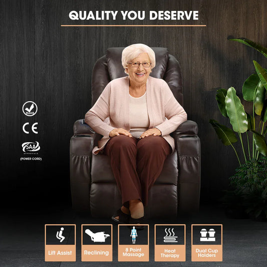 FORTIA Electric Massage Lift Recliner Chair Faux Leather 8 Point Massage Heating, Dark Crimson - Mekamart Australia