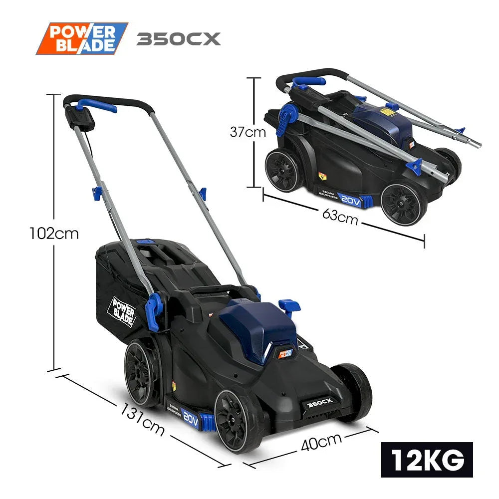 POWERBLADE 350CX 20V 13" Cordless Lawn Mower Kit, Fast Charger, 4Ah Battery, 5 Height, Brushless Electric, 330mm Cutting Path - Mekamart Australia