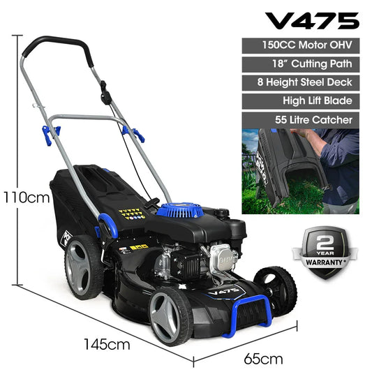 POWERBLADE 18" 150cc Lawn Mower, 8 Height, Steel Deck, 4-Stroke Petrol Lawnmower - V475 - Mekamart Australia
