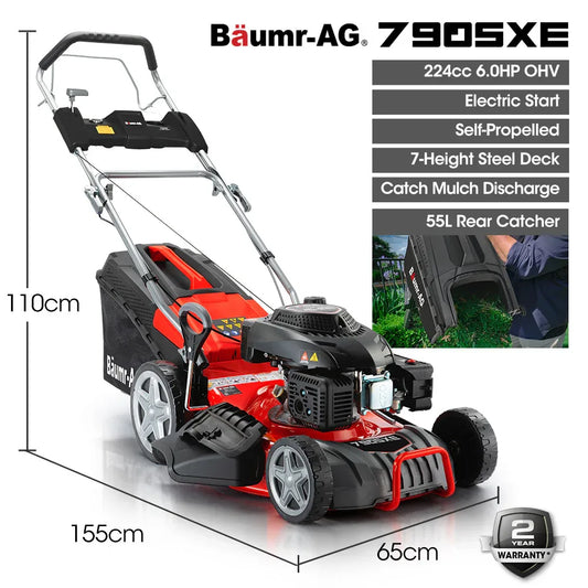 BAUMR-AG 18" 224cc Electric Start Self Propelled Lawn Mower, 7 Height, Steel Deck, 6HP, 4-Stroke Petrol Lawnmower - 790SXe - Mekamart Australia