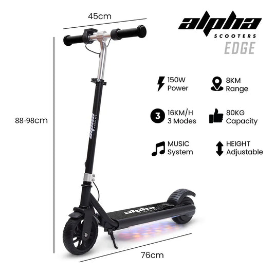 ALPHA Edge Electric Scooter Kids/Teens, 16km/h Max, Adjustable Height, UL Certified, AU Compliant, Dual Brakes, Bluetooth Music, LED, Black - Mekamart Australia