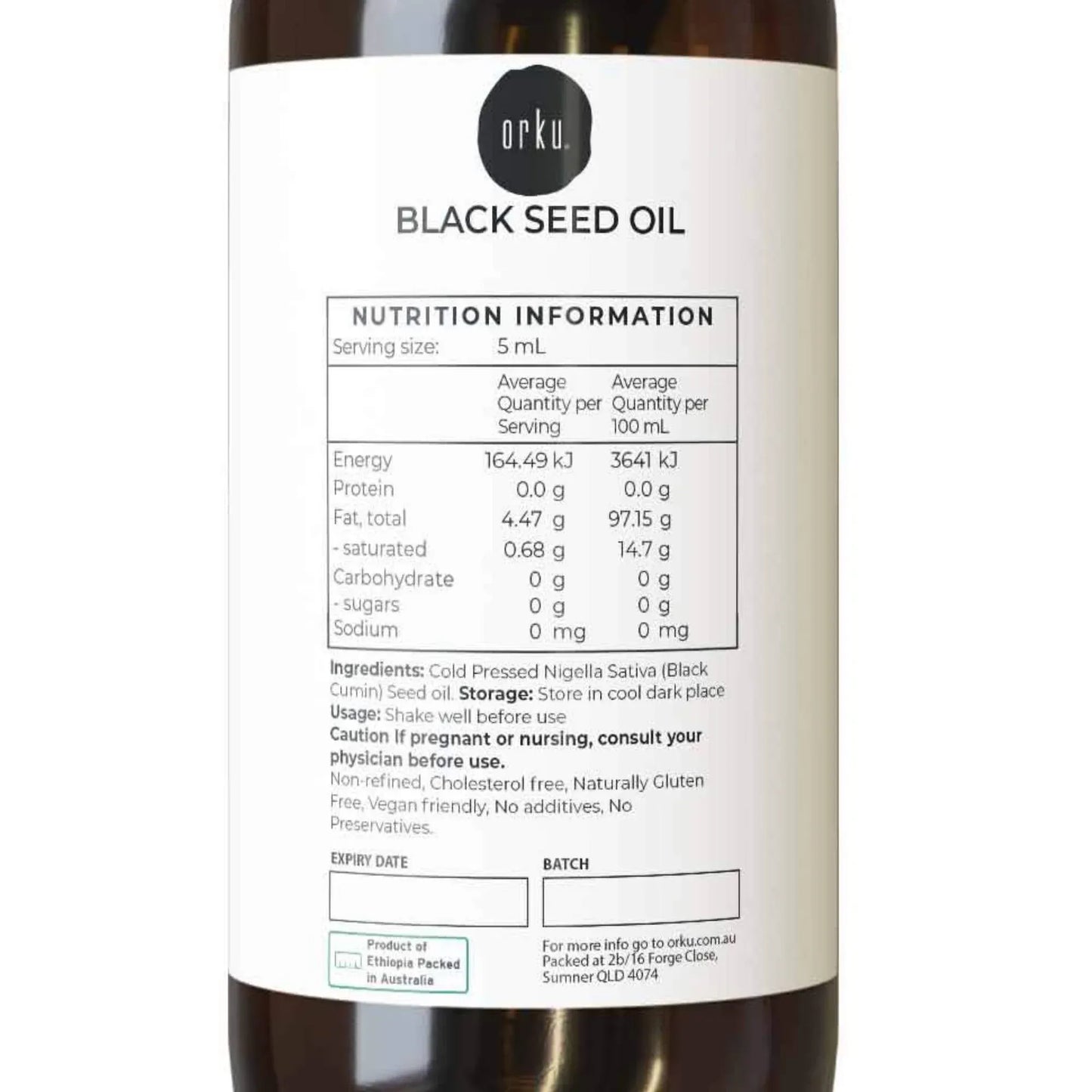 Orku 100ml Pure Black Seed Oil Cold Pressed 100% Ethiopian Nigella Sativa Cumin