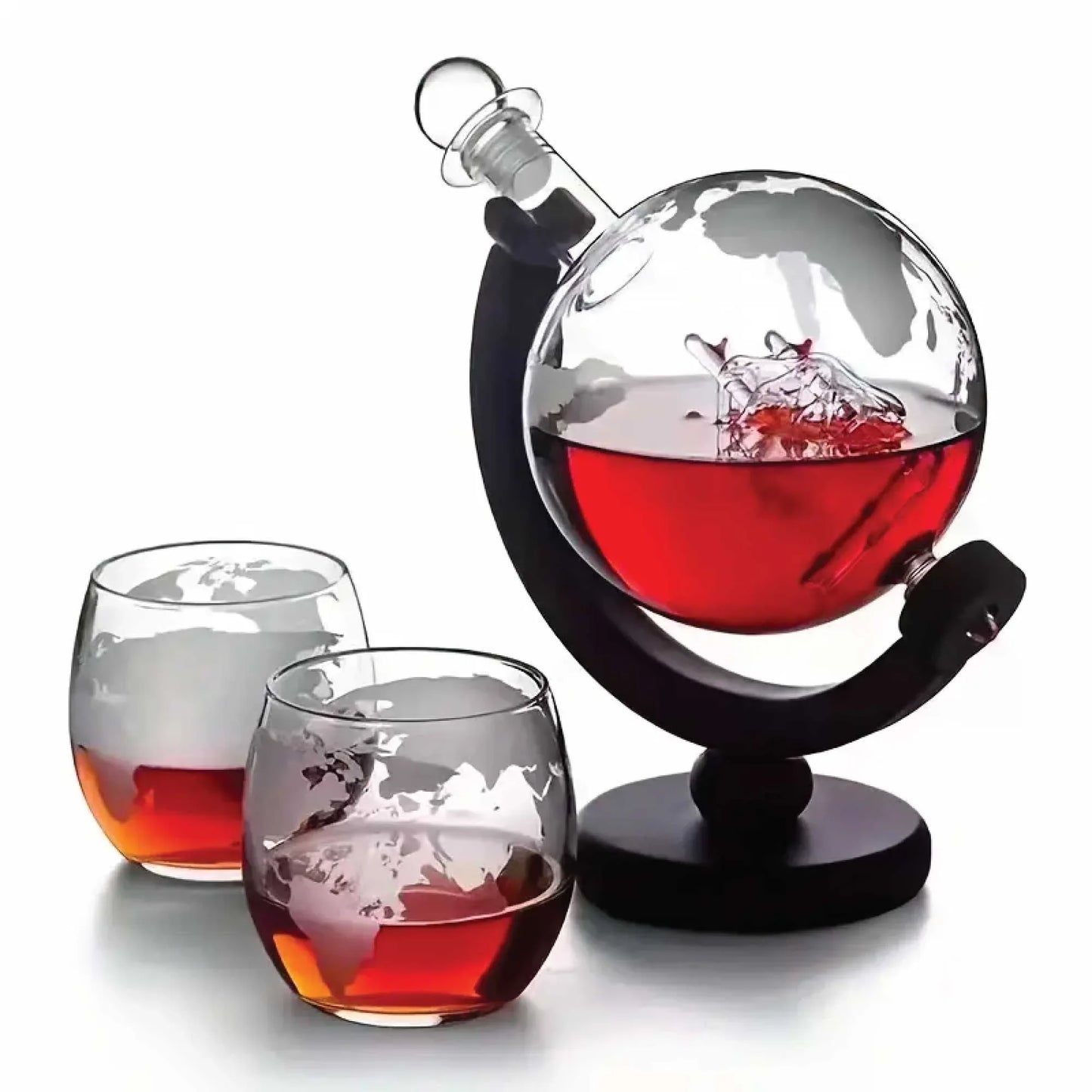 850ml Whiskey or Wine Globe Glass Decanter Set - 2x Glasses + Wooden Stand - Mekamart Australia