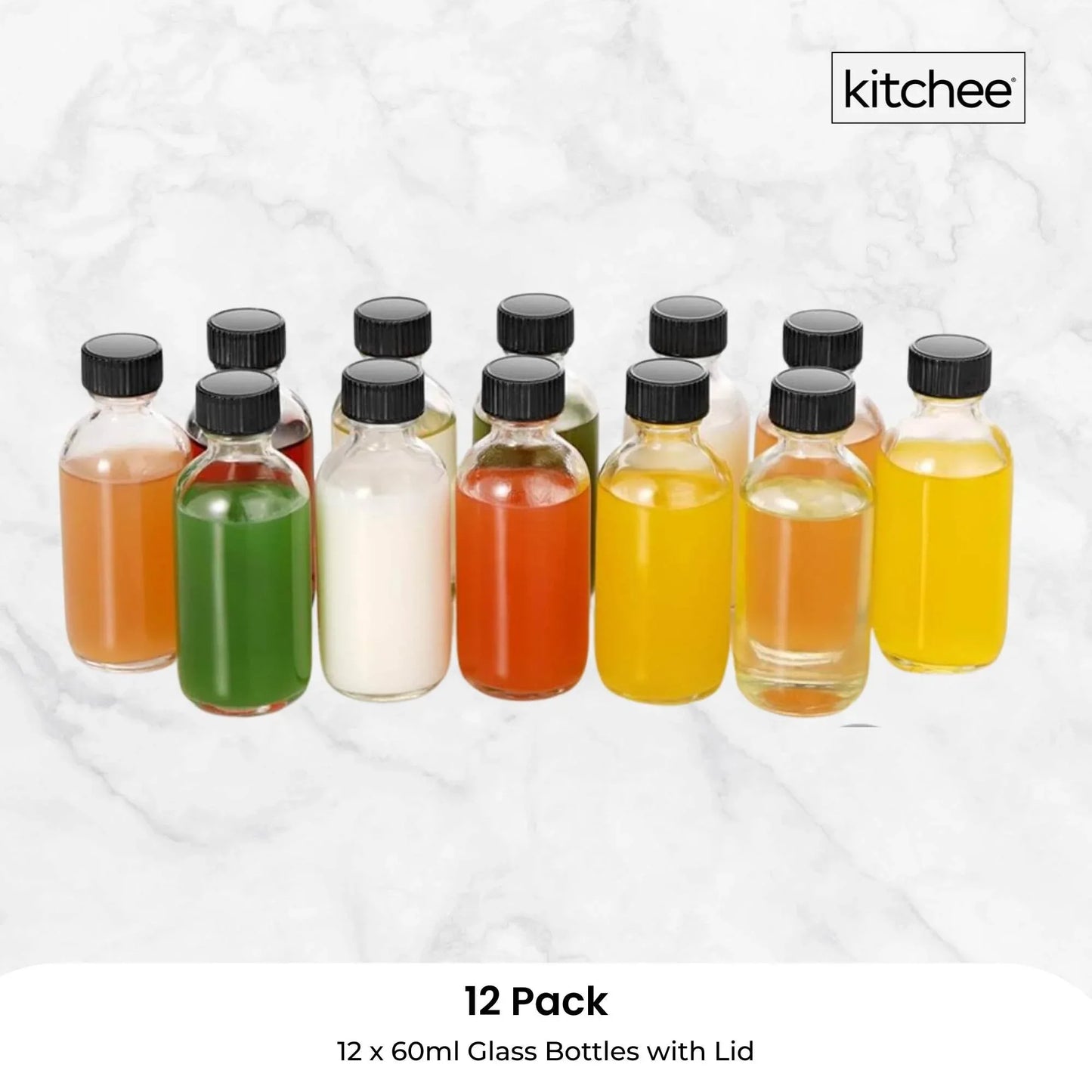 Kitchee 12x 60ml Small Glass Bottles + Lids Funnels Brush Labels Pen - Mekamart Australia