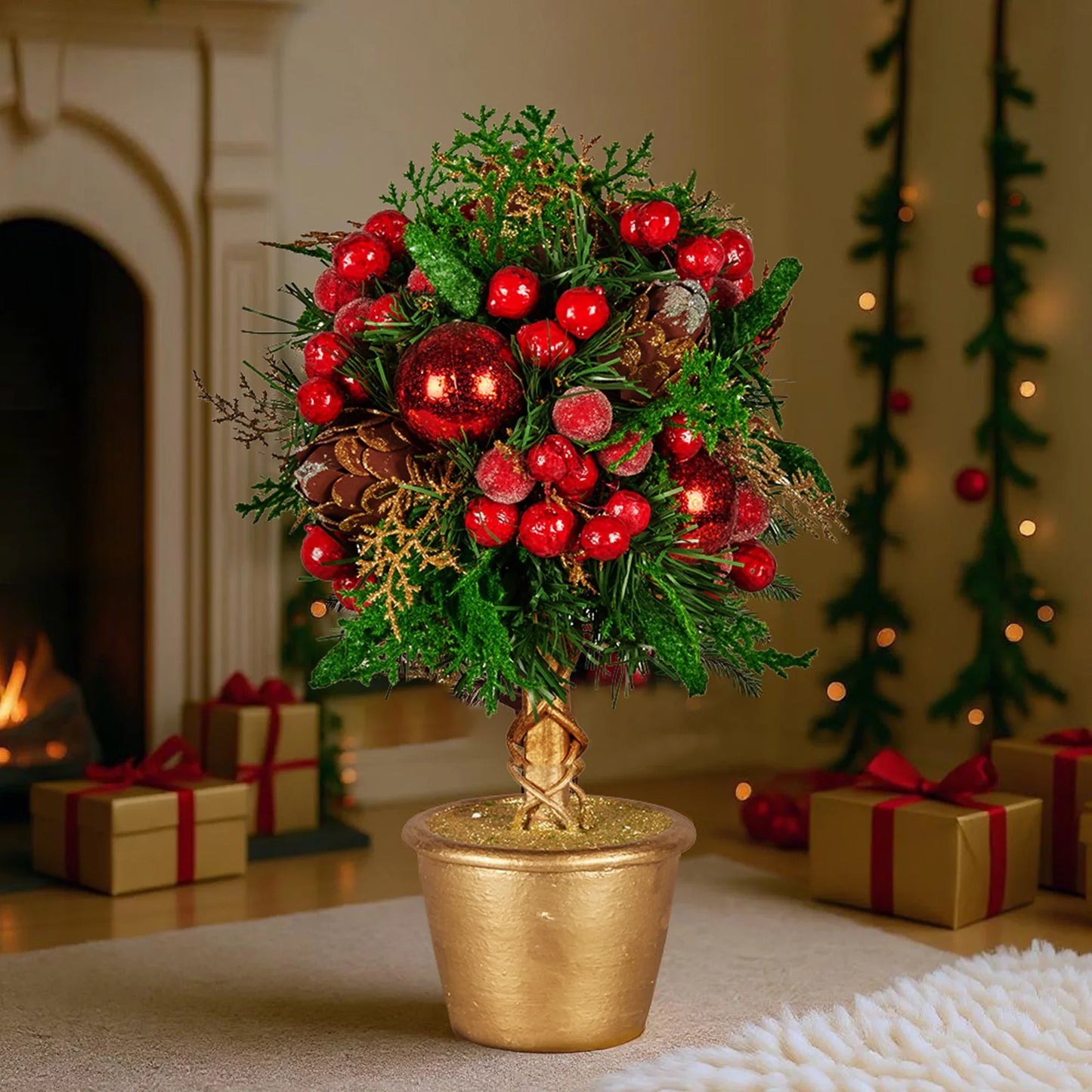 Christabelle 36cm Christmas Tabletop Topiary Tree Pre-Decorated Berries, Baubles & Pine Cones Gold Pot Twisted Stem Festive Decoration - Mekamart Australia