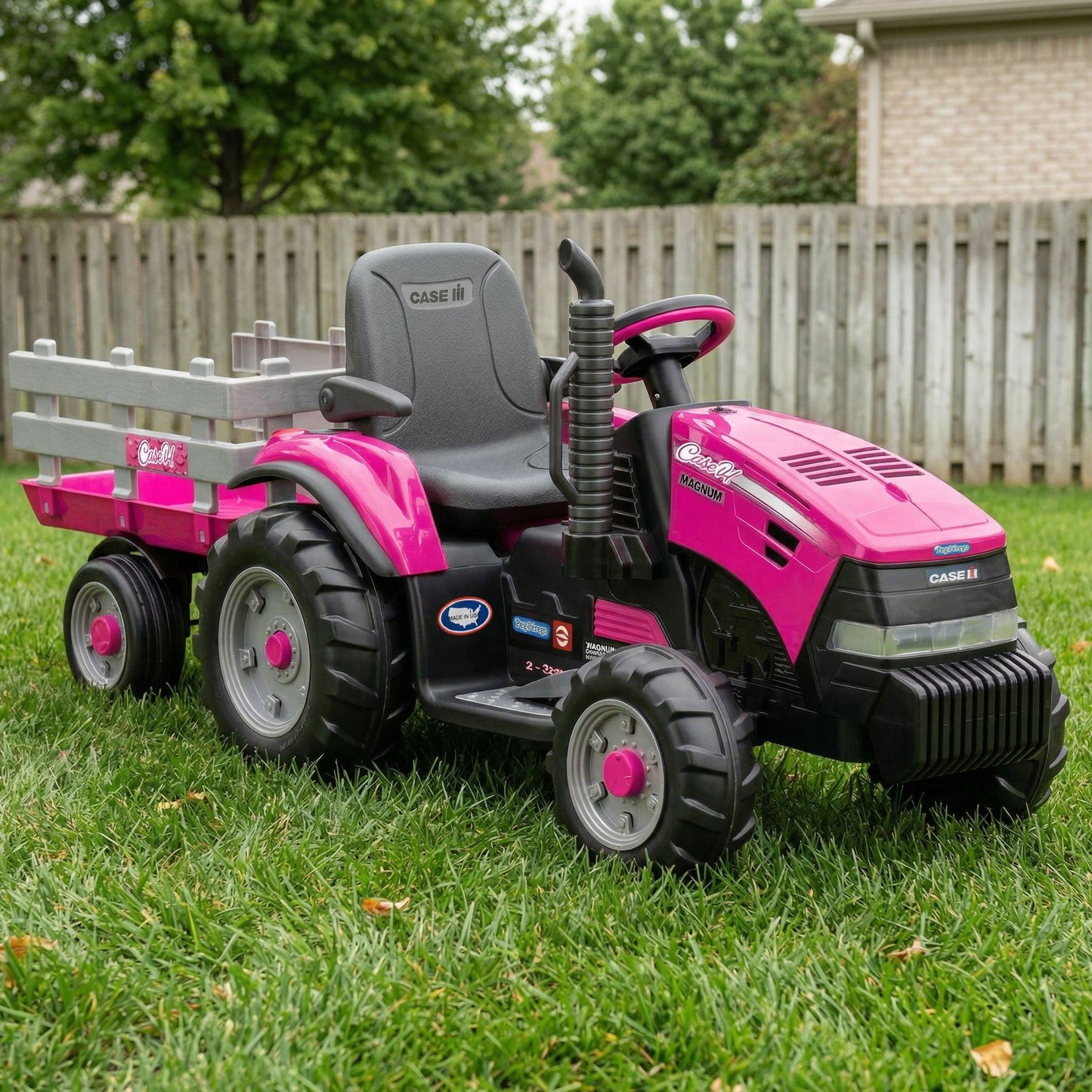 Klika Peg Perego Pink Case IH 12V Kids Ride On Tractor with Trailer 2 Speed Toy