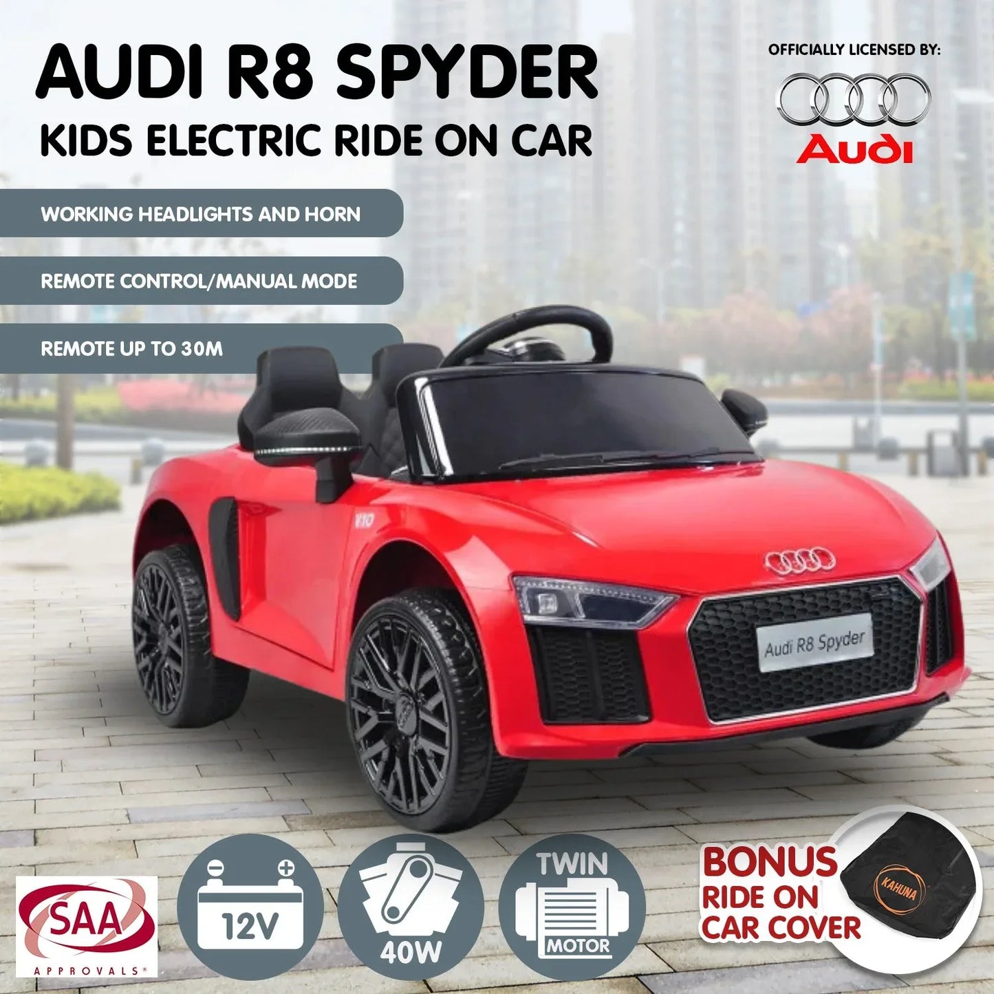 Kahuna Kahuna R8 Spyder Audi Licensed Kids Electric Ride On Car Remote Control - Red - Mekamart Australia