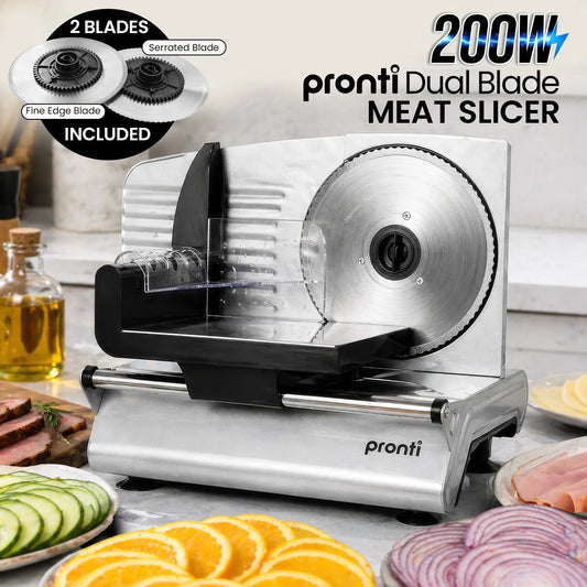 Pronti White Electric Food Slicer 200W with Adjustable Thickness 1 to 15mm Serrated and Fine Edge Stainless Steel Blades