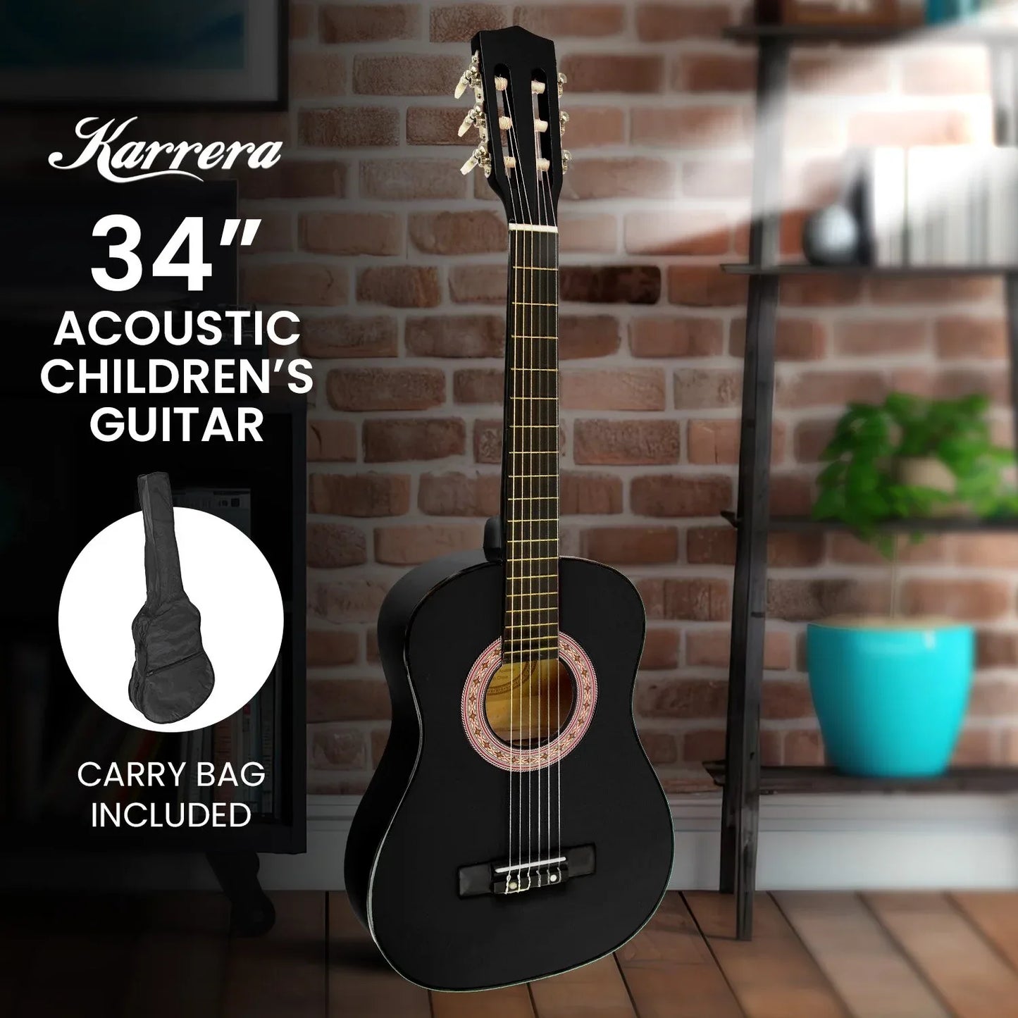 Karrera 34in Acoustic Children Wooden Guitar - Black - Mekamart Australia