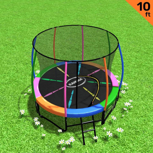 Kahuna 10ft Outdoor Trampoline Kids Children With Safety Enclosure Pad Mat Ladder - Rainbow - Mekamart Australia