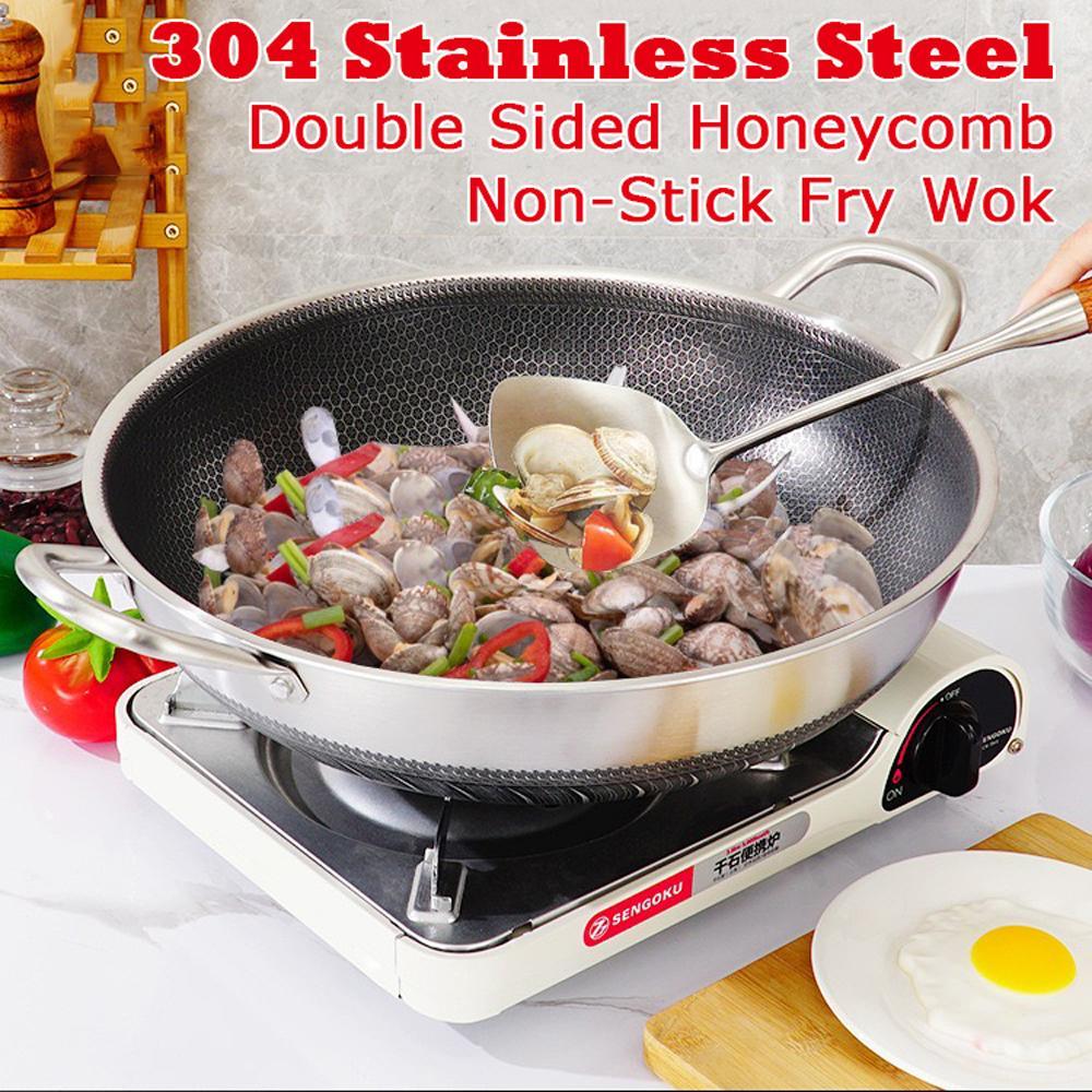 36cm 316 Stainless Steel Non-Stick Stir Fry Cooking Kitchen Wok Pan with Lid Honeycomb Double Sided - Mekamart Australia