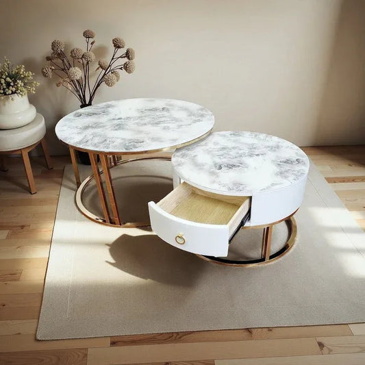 Snowy Mountain Faux Modern Marble Slate Nesting Coffee Table Set Leather Wrapped Wood Drawers - Mekamart Australia