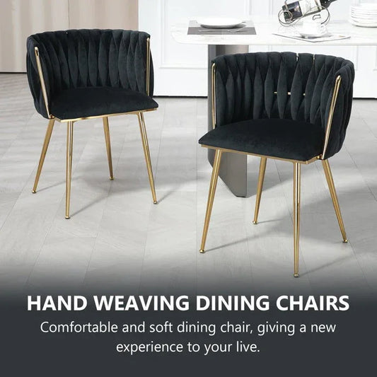 SERENITร Black Modern Hand Weaving Dining Chairs,Velvet Upholstered Side Chairs with Gold Legs, Chic Vanity Chairs with Armrest, Accent Chair for Dining Room, and Cafe Set of 2 - Mekamart Australia