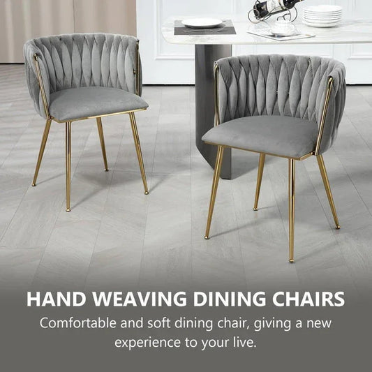 SERENITร Grey Modern Hand Weaving Dining Chairs,Velvet Upholstered Side Chairs with Gold Legs, Chic Vanity Chairs with Armrest, Accent Chair for Dining Room, and Cafe Set of 2 - Mekamart Australia