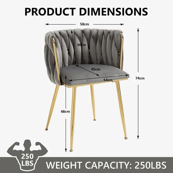 SERENITà Grey Modern Hand Weaving Dining Chairs,Velvet Upholstered Side Chairs with Gold Legs, Chic Vanity Chairs with Armrest, Accent Chair for Dining Room, and Cafe Set of 2 - Mekamart Australia
