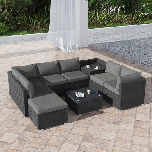 Large Modular Outdoor Ottoman Lounge Set in Black - Mekamart Australia
