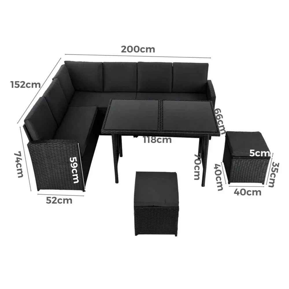 Ella 8-Seater Modular Outdoor Garden Lounge and Dining Set with Table and Stools in Black - Mekamart Australia