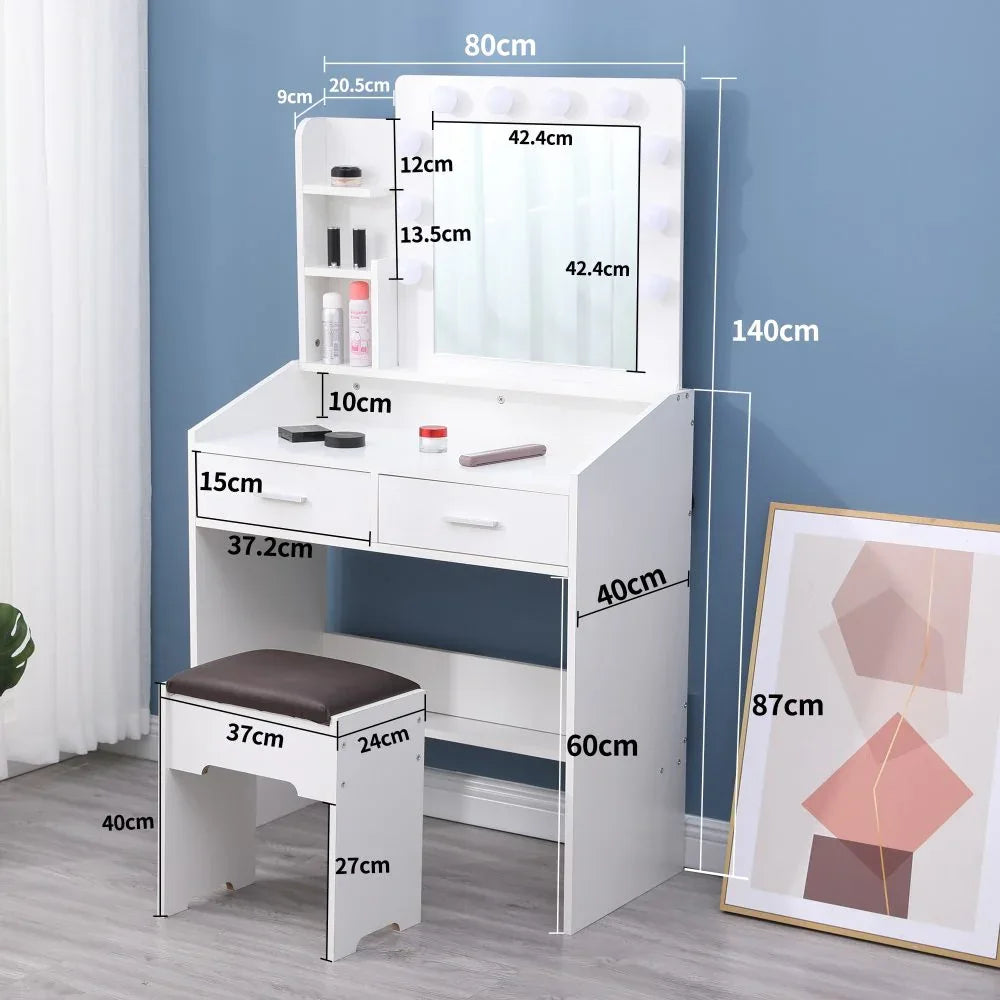 Diana Vanity Set with Shelves Cushioned Stool and Lighted Mirror- White - Mekamart Australia