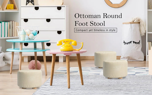 2X Fabric Ottoman Round Wooden Leg Foot Stool - BEIGE - Mekamart Australia