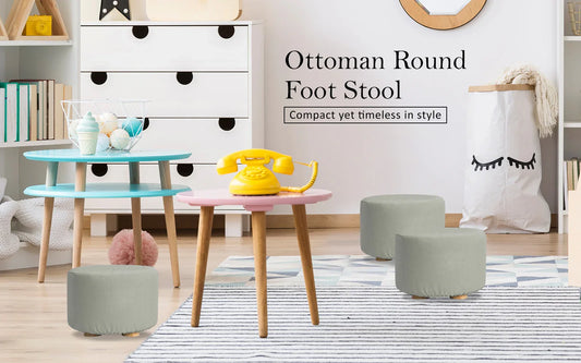 Fabric Ottoman Round Wooden Leg Foot Stool - GREY - Mekamart Australia