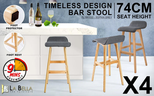 4X Wooden Bar Stool Dining Chair Fabric SOPHIA 74cm GREY - Mekamart Australia