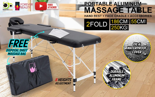 Aluminium Portable Beauty Massage Table Bed 2 Fold 55cm Black - Mekamart Australia