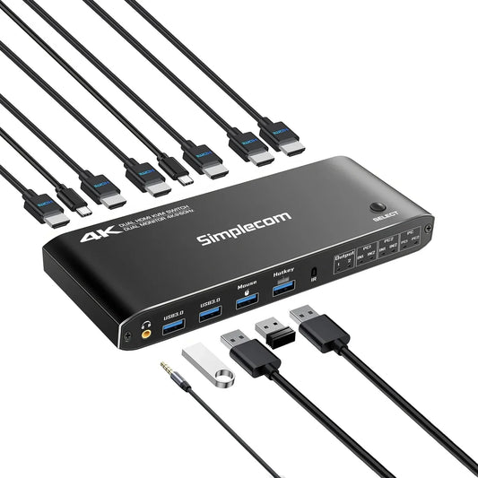 Simplecom KM430 Dual HDMI Monitor KVM Switch for 2 Computers with 4-Port USB Hub 4K@60Hz Keyboard Hotkey - Mekamart Australia