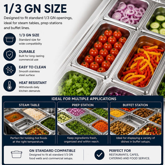 Commercial Stainless Steel GN 1/3 150mm Deep Gastronorm Bain Marie Buffet Steam Table Food Pan