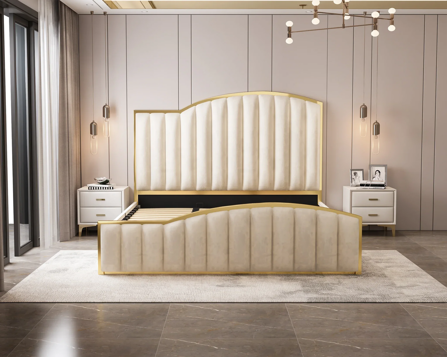 Elegant Luxury King Size Bedframe in Beige with Gas Lift Storage Velvet Fabric Golden Trim - Mekamart Australia