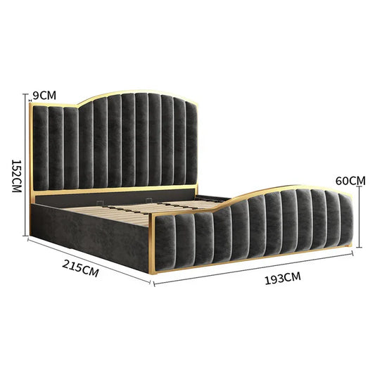Elegant King Bedframe Charcoal Velvet Fabric with Gas Lift Storage and Golden Trim - Mekamart Australia