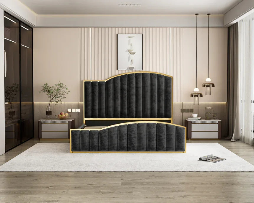 Elegant King Bedframe Charcoal Velvet Fabric with Gas Lift Storage and Golden Trim - Mekamart Australia