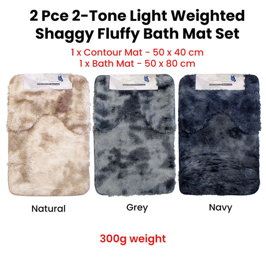 2 Pce 2-Toned Extra Light Weighted Shaggy Fluffy Bath Mat Set Navy - Mekamart Australia