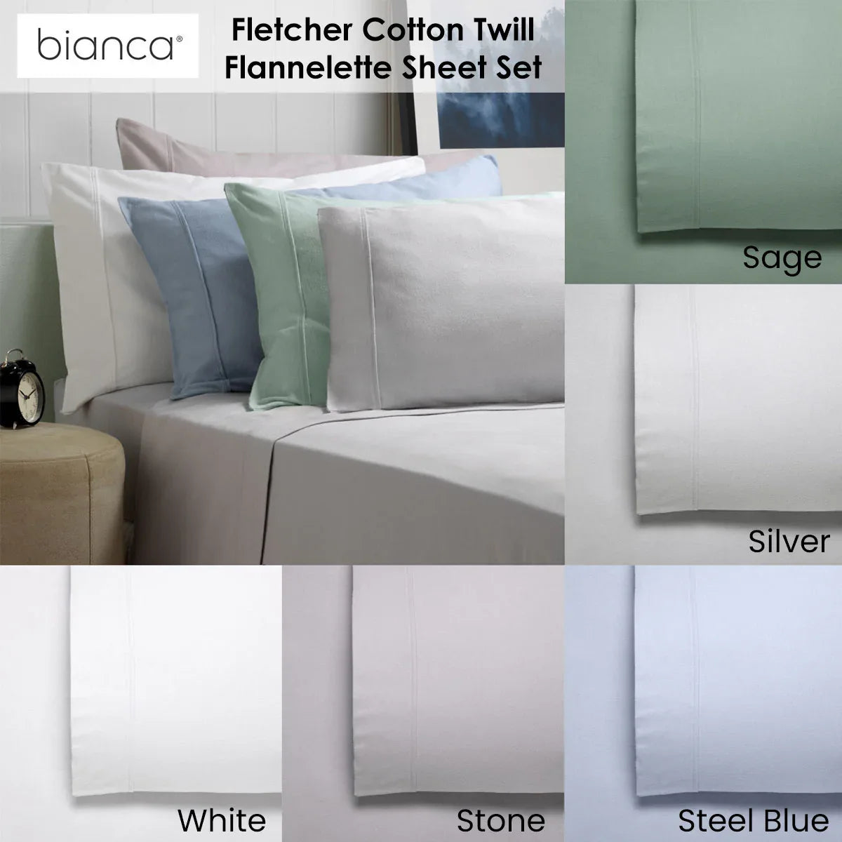 Bianca Fletcher Flannelette Cotton Sheet Set Sage Single - Mekamart Australia