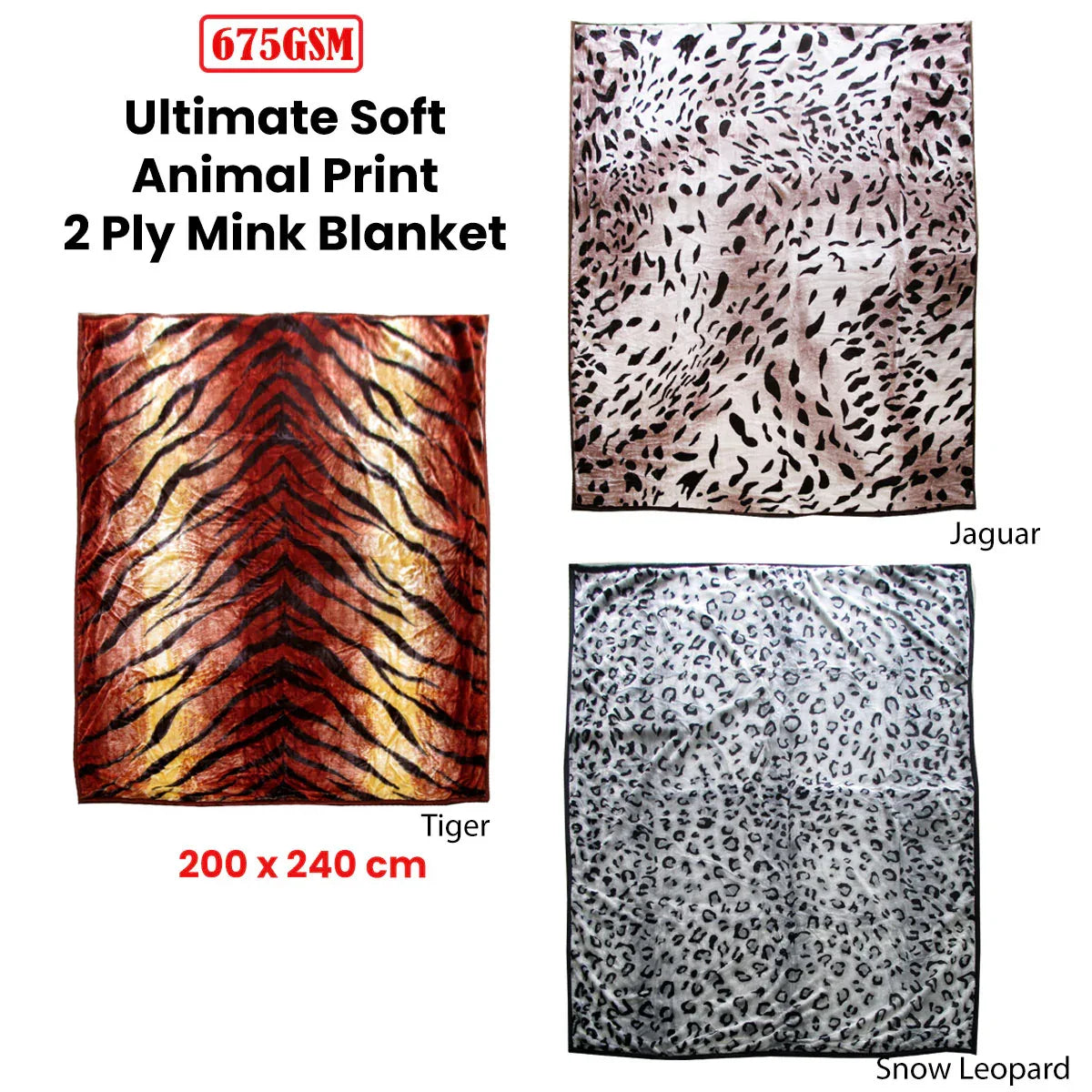 675gsm 2 Ply Animal Print Faux Mink Blanket Queen 200x240 cm Snow Leopard - Mekamart Australia