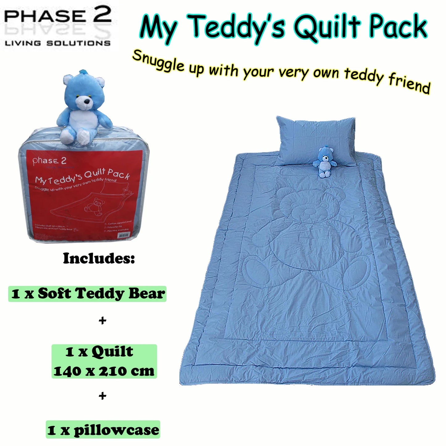 Phase 2 My Teddy's Quilt / Comforter Set with Toy Blue Single - Mekamart Australia