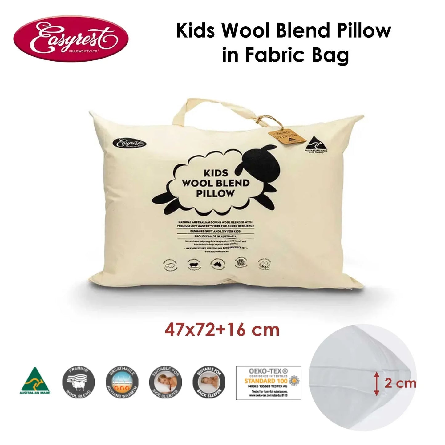 Easyrest Kids Wool Blend Standard Pillow in Fabric Bag - Mekamart Australia