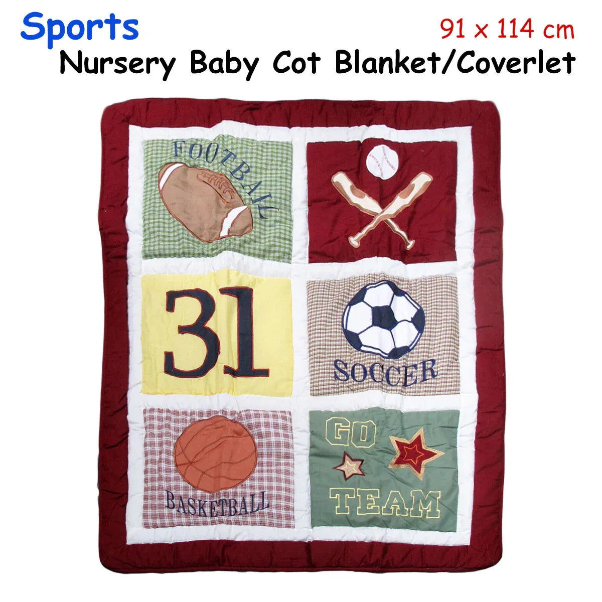 Sports Embroidered Nursery Baby Blanket/Coverlet 91 x 114 cm - Mekamart Australia