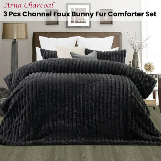 Jane Barrington Arna Charcoal 3 Pcs Channel Faux Bunny Fur Comforter Set Queen - Mekamart Australia