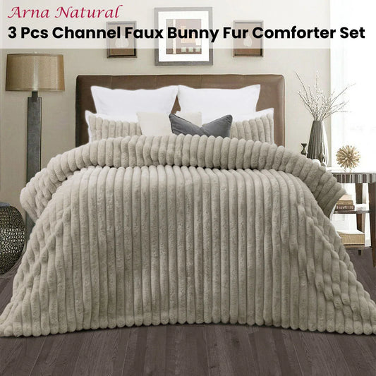 Jane Barrington Arna Natural 3 Pcs Channel Faux Bunny Fur Comforter Set King - Mekamart Australia