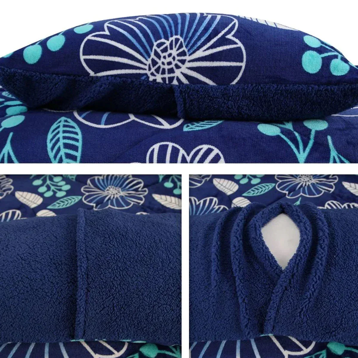 Ramesses Blue Flower Printed Sherpa Flannel Fleece Reversible Blanket Set Queen/King - Mekamart Australia