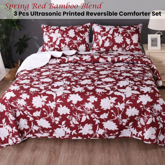 Ramesses Spring Red 3 Pcs Bamboo Blend Ultrosonic Reversible Comforter Set King - Mekamart Australia